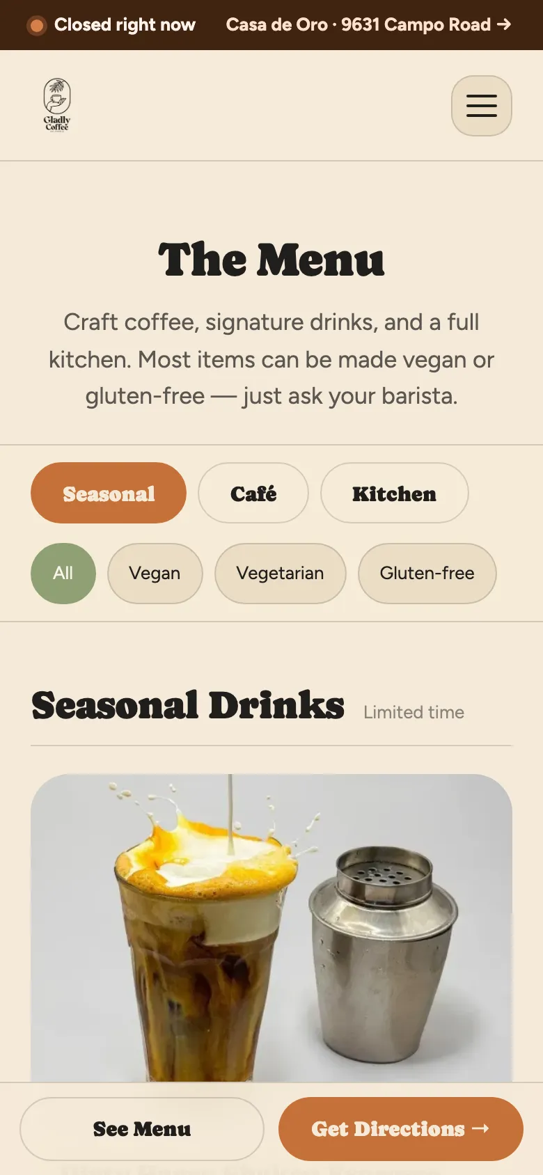 Gladly Coffee menu on a phone, with tabs and dietary filters